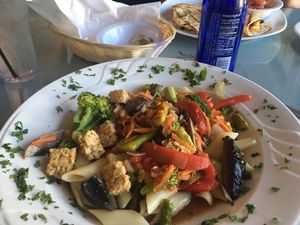 tempeh veggie stir fry over penne with a black bean, rice, plantain, mango quesadilla in the background   at Bella Vida Cafe in West Cape May