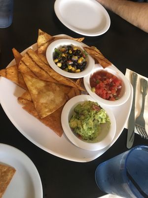 Chips and guac, salsa, and black bean and corn dip at Bella Vida Cafe in West Cape May