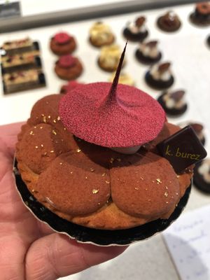 Raspberry jam, pistachio cream and milk chocolate mousse  at Bakkerij Burez in Oudenaarde