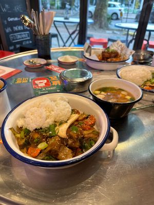 Bulgogi with rice and miso soup. Yum!  at Kkokki Vegan House in Hamburg