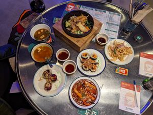 Five delicious entrees and the main at the top with its own little soup at Kkokki Vegan House in Hamburg