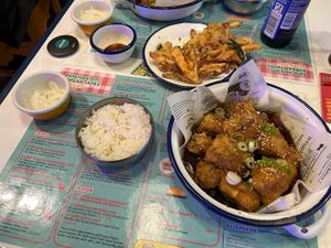 Korean tempura and nono chicken (yum)  at Kkokki Vegan House in Hamburg