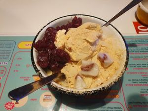 Dessert with vanilla Ice cream, beans and mochi at Kkokki Vegan House in Hamburg