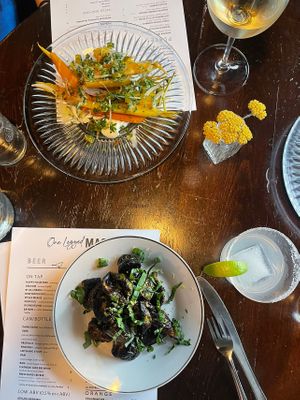 Top is carrots (ask for no yoghurt for vegan), and summer squash appetizer   at One Legged Magpie  in Red Lodge