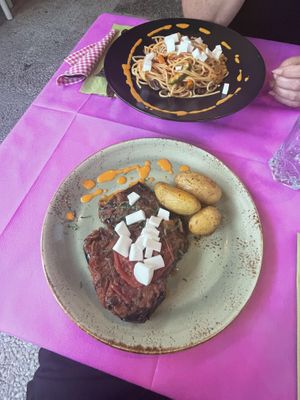 Vegan Veg Pasta and Vegan Aubergine with roasted potatoes   at The Old Village in Kefalonia