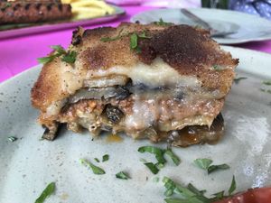 Detail of the vegan Moussaka  at The Old Village in Kefalonia