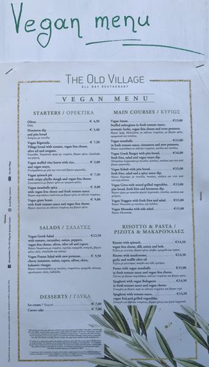 Dedicated vegan menu  at The Old Village in Kefalonia