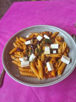 Greek salad penne at The Old Village in Kefalonia