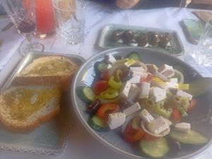 Vegan greek salad and Stuffed grape leaves and vegan mayonnaise sauce at The Old Village in Kefalonia