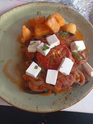 Vegan Imam with vegan feta cheese. Delicious at The Old Village in Kefalonia