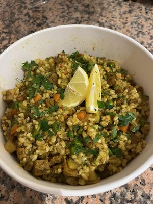 Vegan "paella" with seitan and mushrooms. Not my cup of tea.  at Organic Ume in Barcelona