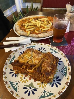 Kebab pizza and lasagne  at Humus Vegan Tenerife in Tenerife