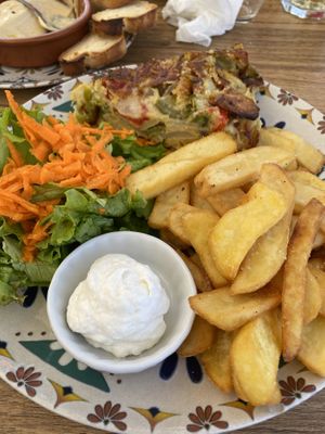 Vegan omelette (chickpea based), chips and salad  at Humus Vegan Tenerife in Tenerife