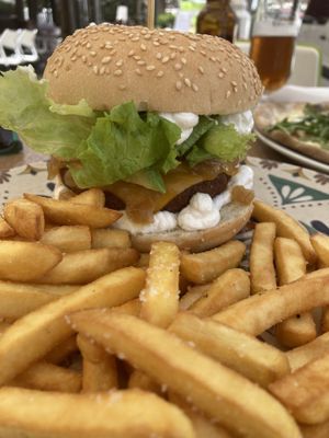 Great burger with fries  at Humus Vegan Tenerife in Tenerife