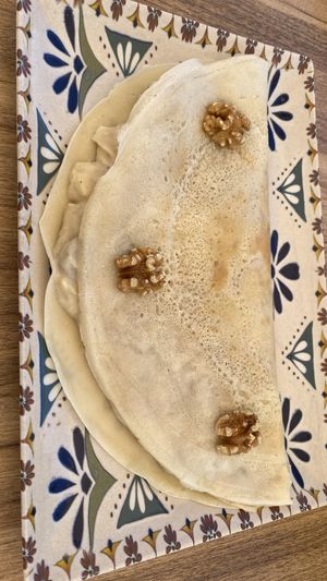 Crêpe with mushrooms, béchamel, white cheese and walnuts.  at Humus Vegan Tenerife in Tenerife