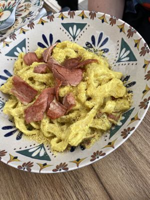 Homemade tagliatelle carbonara   at Humus Vegan Tenerife in Tenerife