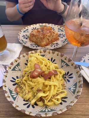 Lasagne and carbonara!!!  at Humus Vegan Tenerife in Tenerife
