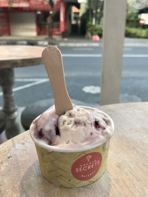 Oat milk gelato with triple berry flavour  at Gelato Secrets in Sanur