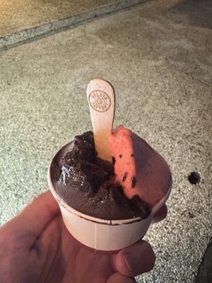 Dark chocolate and Strawberry sorbets   at Gelato Secrets in Sanur