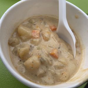 Mushroom "Glam" Chowder from "Water & Wheat" at the People's Plant-Based Party at Kalamazoo Farmers Market on 10/8/23, sponsored by PFC & Vegan Kalamazoo.   at Peoples Food Co-op in Kalamazoo
