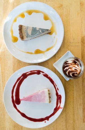 Raw cappuccino tart, berry tart, and soy iced cream with chocolate sauce.  at Raw8 Cafe in Osaka
