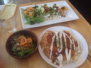  Okonomiyaki Menu 1,500¥ & Avacado Salat?  at Raw8 Cafe in Osaka