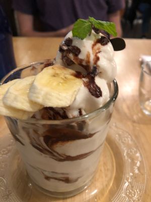 Delicious parfait with soy milk ice cream, bananas and vegan chocolate! at Raw8 Cafe in Osaka