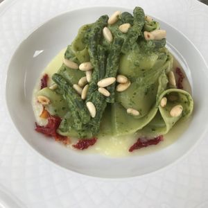 Pappardelle with pesto on a potato cream  at Agrolago in Trevignano Romano