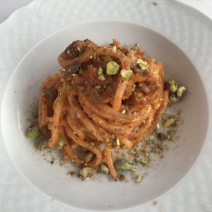 Tonnarelli with pesto rosso  at Agrolago in Trevignano Romano