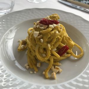 Tonnarelli with pesto of zucchini blossom  at Agrolago in Trevignano Romano