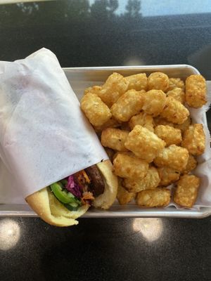 Bang mi burger with tater tots  at Plantiful Superfoods in Seattle