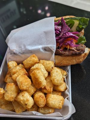 Banh Mi Burger and Regular Tots at Plantiful Superfoods in Seattle