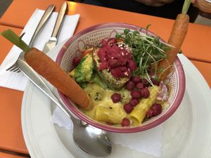 Summer Bowl with Kurkuma pasta, kamut Spaghetti and Curry Sauce  at Körle und Adam in Stuttgart