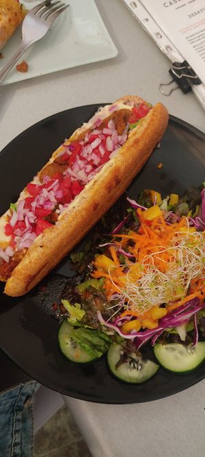 The vegan Hotdog with already included salad for 60 pesos at Casa Onca Centro in Aguascalientes