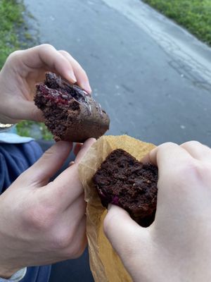 Fudgy rich chocolate and raspberry brownies!   at Massolit Bakes in Krakow