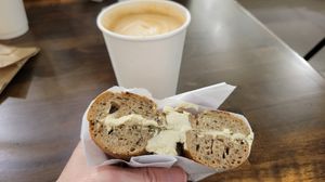 Rye bagel with fauxnaggio chive schmear at Bagel Guild in Boston