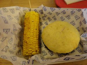 California burger with grilled corn at M.O.B. - Cite de la Mode in Paris
