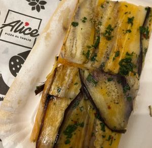 Pizza with aubergine and spicy oil  at Alice Pizza in Milan