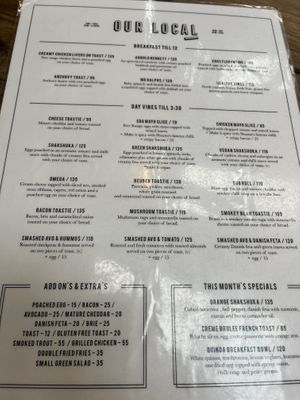 Menu with vegan options clearly marked  at Our Local  in Cape Town