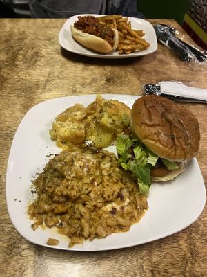 Chicken sandwich with Mac and cheese and dump cake  at The Herbal Farmercy in Greenville
