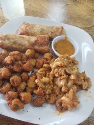 Philly egg roll with 2 sides and drink pictured with fried okra and mac-n-chz and honey mustard sauce at The Herbal Farmercy in Greenville