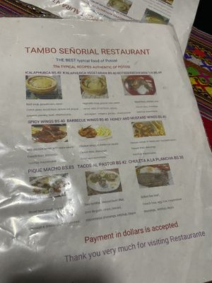 Menu  at Restaurante Tambo Señorial in Potosi