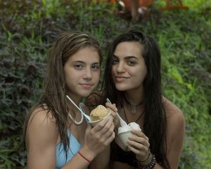 My sister and I enjoying the best ice cream, ever. at Coconut Glen's in Haiku