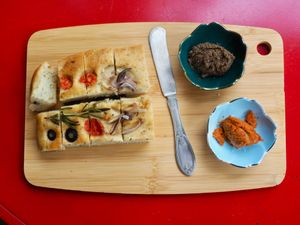 Focaccia & dip (VEGAN) A slice of our daily fresh artisanal Focaccia with home-made sun-dried tomato dip and olive tapenade.
RM 18.00 at Kneading Peace in Malacca