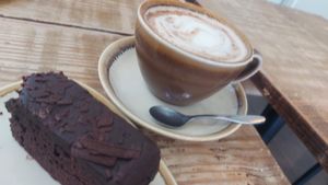 Chocolate fudge cake and chai latte at Heaphys in Glastonbury