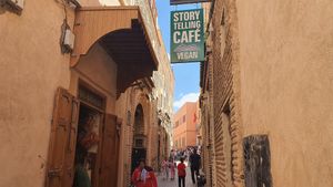 The outside. I dare you to find the world "vegan" on a sign anywhere else in marrakech 😜 at World Storytelling Cafe in Marrakech