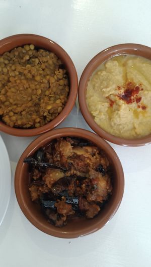 Lentils, hummus and albargin at World Storytelling Cafe in Marrakech
