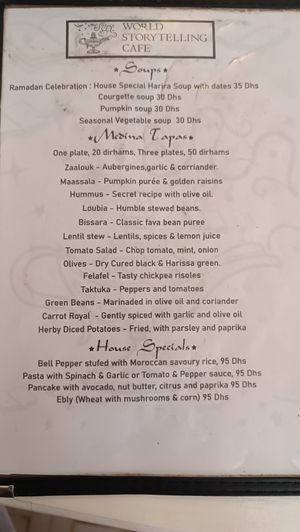 Menu at World Storytelling Cafe in Marrakech