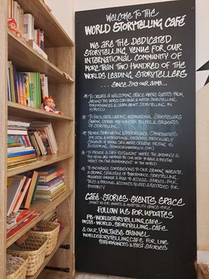 Sign for the storytelling cafe at World Storytelling Cafe in Marrakech
