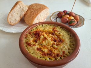 Hummus with olives and bread at World Storytelling Cafe in Marrakech